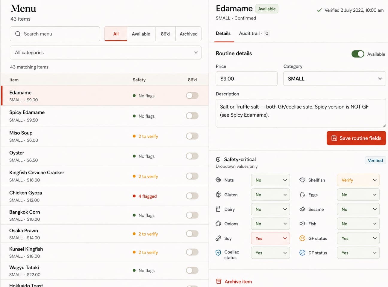 FloorMate manager menu: Edamame is available at $9, with item details and safety fields alongside the menu list